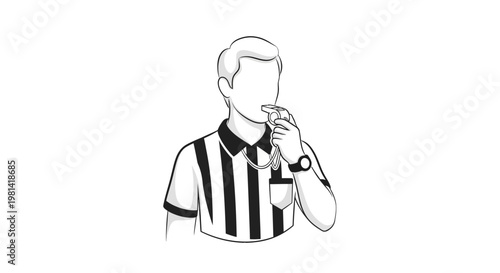 Referee in striped shirt blowing whistle.