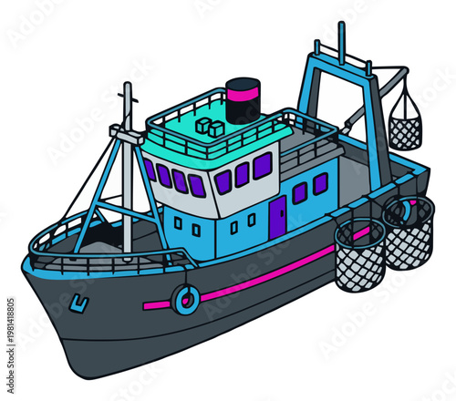Minimalist fishing trawler isometric line art icon. Generative AI