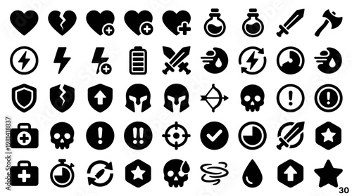 Gaming and RPG status bar interface vector icons set collection