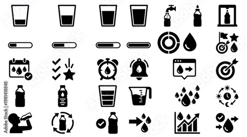 Hydration tracking and water intake reminder vector icons set collection