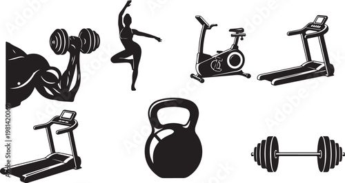 Fitness equipment and exercise icons in black and white