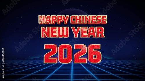 Happy chinese new year 2026 neon sign animation with 3d text and grid background