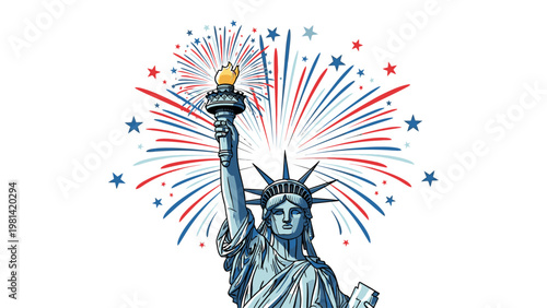 Illustration of the Statue of Liberty with fireworks and stars in red, white, and blue colors on a white background.