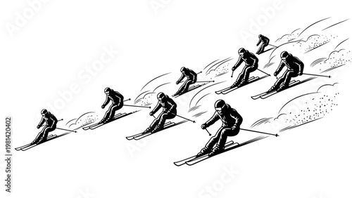 Black and white illustration of a skier in multiple positions, showcasing a sequence of movements on snow with a minimalist background.