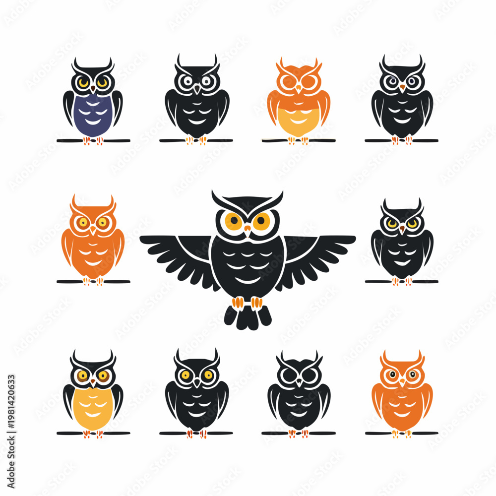 Obraz premium Modern owl vector illustrations in clean flat style, simple silhouettes, perched and flying