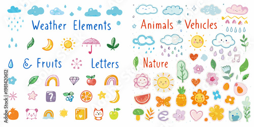 Colorful watercolor illustration of weather fruits animals and nature elements