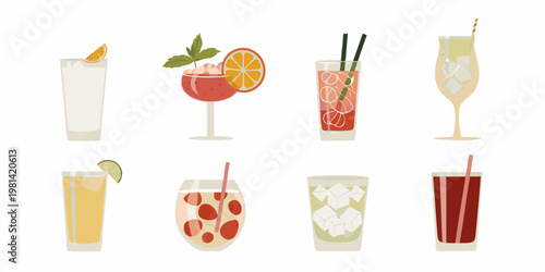 Assorted colorful summer cocktails and drinks in various glasses