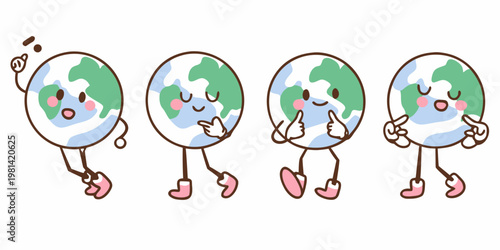 Cute earth character showing different hand gestures in a cartoon style