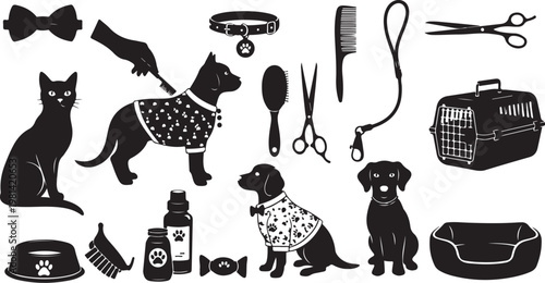 Pet grooming tools and accessories for dogs and cats illustration