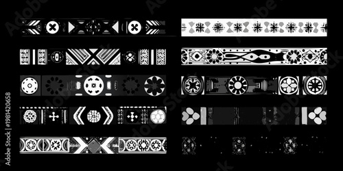 Black and white geometric patterns arranged in repeating rectangular bands