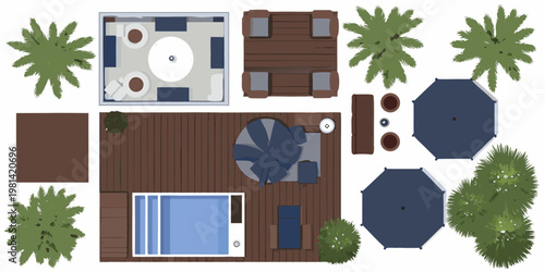 Aerial view of outdoor furniture and poolside patio arrangement