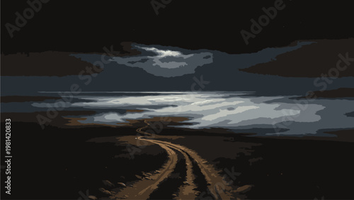 Muddy dirt road stretching into the distance under a dramatic cloudy night sky with moonlight shining through.