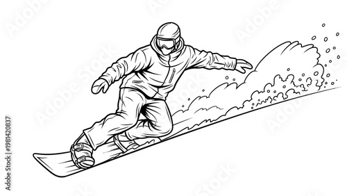 A snowboarder in a snowy landscape with a dynamic illustration style and a predominantly monochromatic color scheme on a white background.