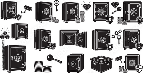 Collection of safes and security icons in black and white
