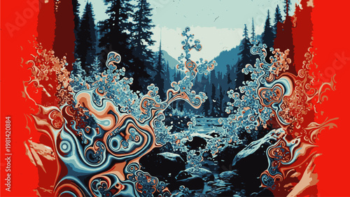 Vibrant digital artwork of a forest landscape with swirling patterns in shades of blue, orange, and red, set against a mountainous backdrop.