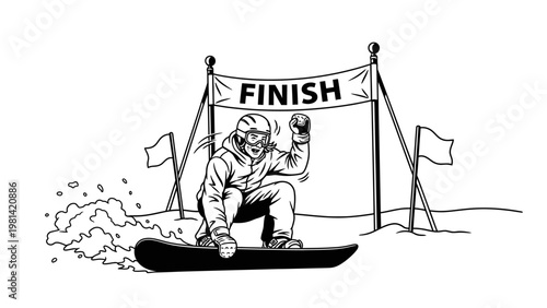 A snowboarder wearing winter gear crosses the finish line with a raised hand in a celebratory gesture on a snowy course with a banner and flags.