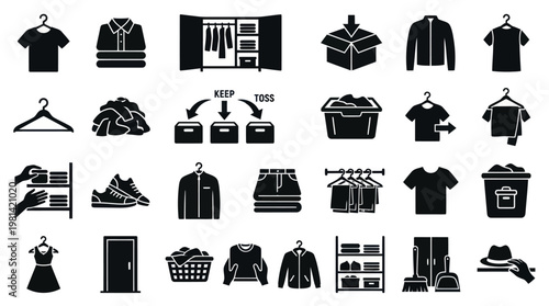 Closet organization and clothes storage management vector icon set.