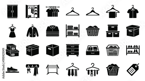 Household clothes storage and garment care vector icon set.