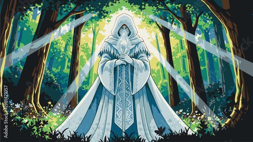 Illustration of a mystical robed figure standing in a radiant forest with beams of light and lush greenery, conveying a sense of magic and wonder.
