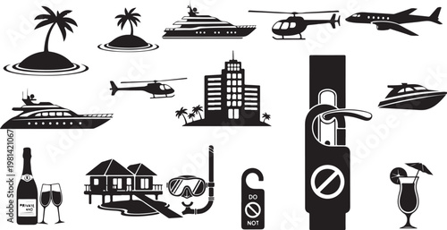 Black and white hotel resort vacation icons and symbols set