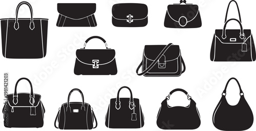 Collection of various black handbags and purses in simple style