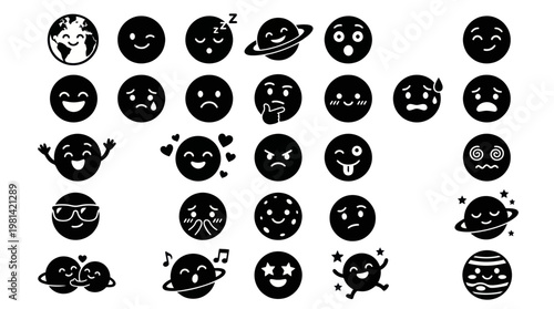 Galaxy Planet Emotions and Space Universe Character Vector Icon Set
