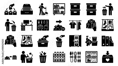 Professional Organizing Services and Detailed Home Storage Icon Set