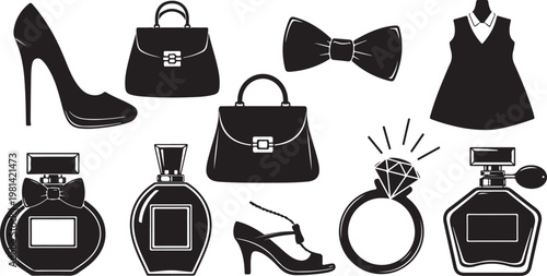 Fashion accessories and beauty products in black and white icons