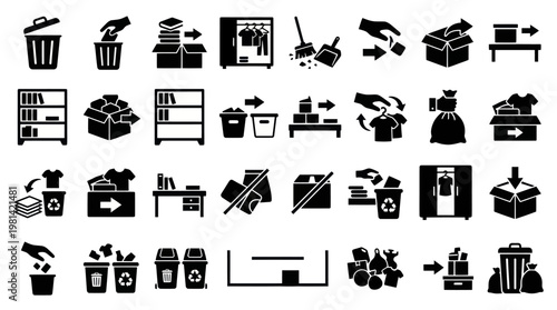 Moving House Packing and Decluttering Process Silhouette Icon Set