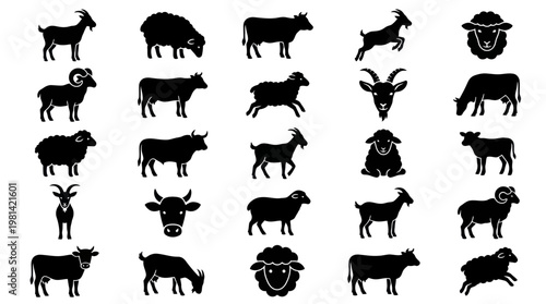 Farm Animals Silhouettes Cow Goat and Sheep Livestock Vector Icons