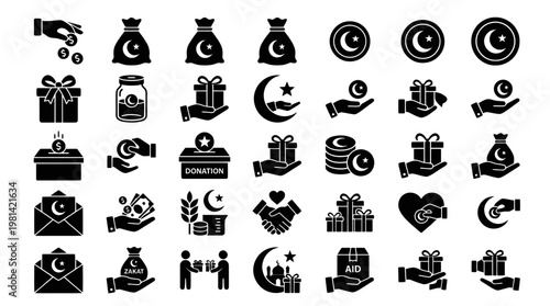 Zakat and Sadaqah Islamic Charity Donation and Financial Giving Icons