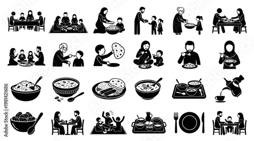 Middle Eastern Family Dining and Traditional Food Consumption Icon Set