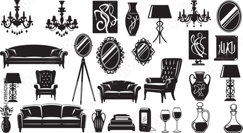 Collection of black and white furniture and home decor icons