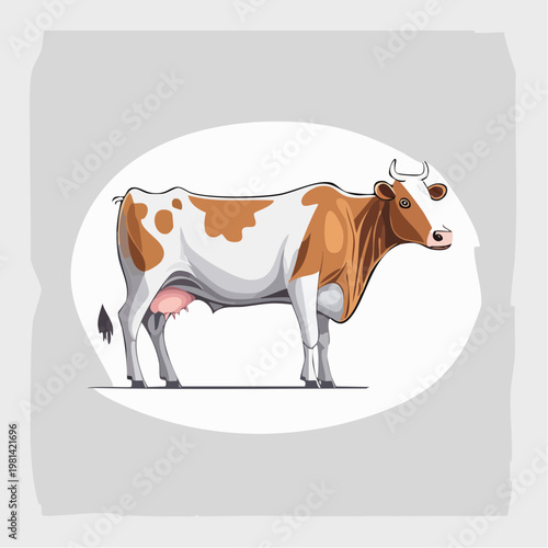 Brown and white cow illustration standing in an oval white background