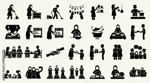 Muslim Woman Household Chores Cooking Cleaning and Family Life Set