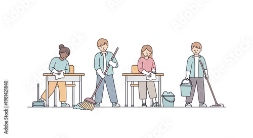 Four people cleaning and working together.