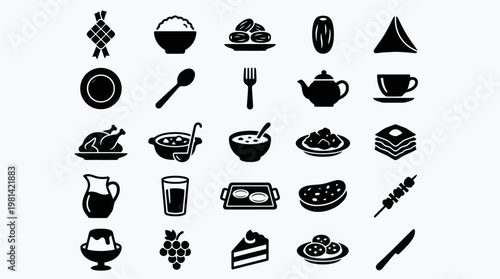 Ramadan and Eid Traditional Food and Beverage Silhouette Icon Se