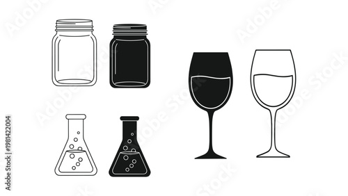 Black and white icons of wine glasses and laboratory equipment on white background