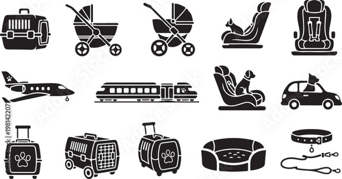 Travel and pet transportation icons in black and white