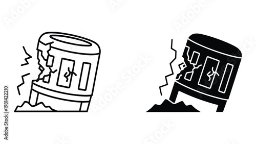 Damaged Building Collapsing Crisis Disaster Icon Set
