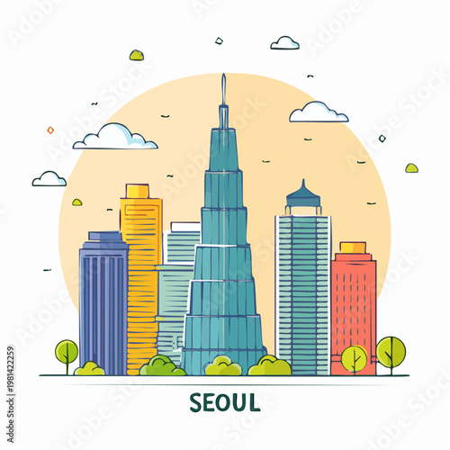 Seoul skyline vector illustration, clean line-art, iconic buildings and tower