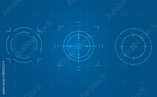 Three futuristic blue targeting systems or camera reticles displayed on a grid background for technology and surveillance concepts