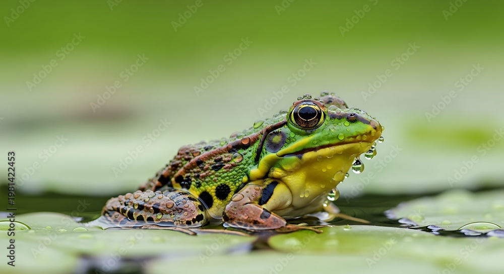 Obraz premium A green frog sits on lily pads with water droplets, showing detail & vivid colors