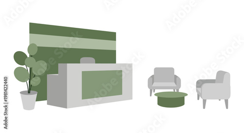 Modern Office Reception Lobby Area with Minimalist Furniture and Potted Plant Flat Vector Illustration