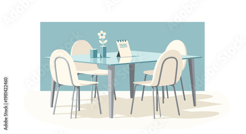 Modern Minimalist Office Meeting Room Vector Illustration with Blue Table and White Chairs