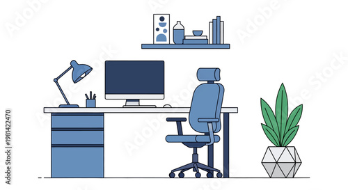 Minimalist Modern Home Office Workspace Illustration with Computer Desk, Ergonomic Chair, and Shelf Decor in Flat Line Art Style
