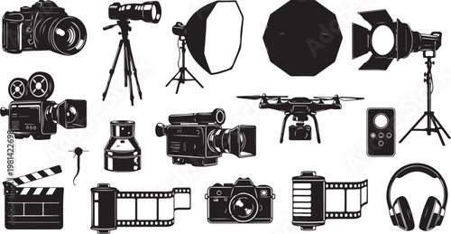 Film and photography equipment icons in black and white illustration
