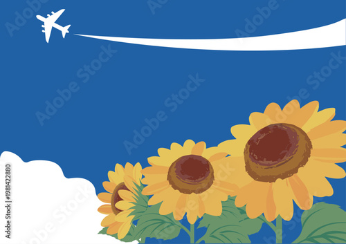 Summer Background with Sunflowers, Ocean and Airplane with Cloud Trail: Copy Space for Banner