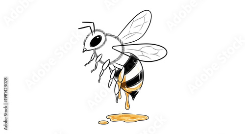 Bee Collecting Yellow Liquid Closeup.