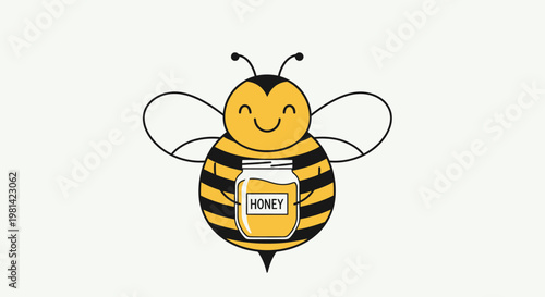 Smiling bee holding honey jar.